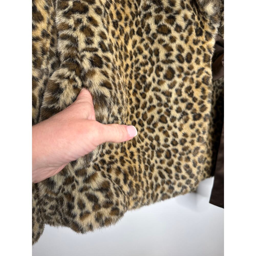 Vintage 2000s Leopard Faux Fur Wrap Coat Jacket With Side Ribbon Tie Large - Picture 13 of 16
